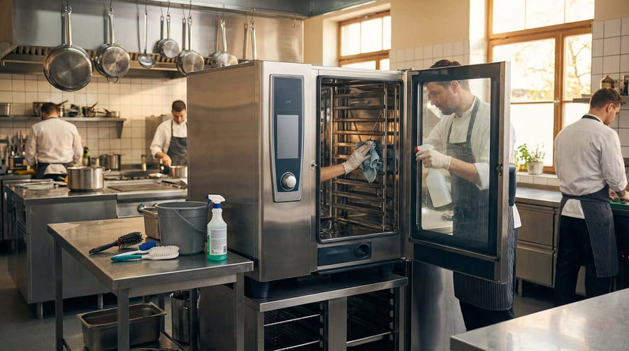 Essential Cleaning and Maintenance Tips for Your Electric Combi Oven: chef cleaning an electric combi oven in a commercial kitchen
