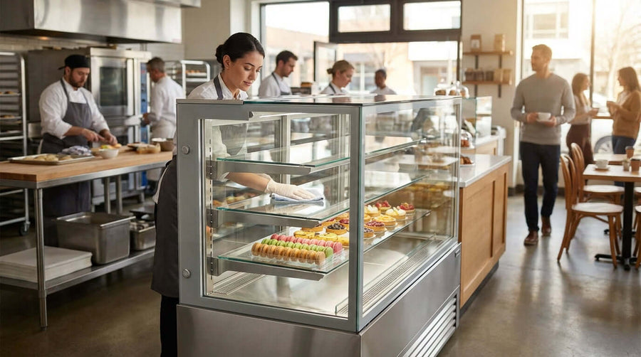 Keep it Cool & Clean: A Step-by-Step Maintenance Guide for Your Pastry Display in bakery staff cleaning refrigerated pastry display case