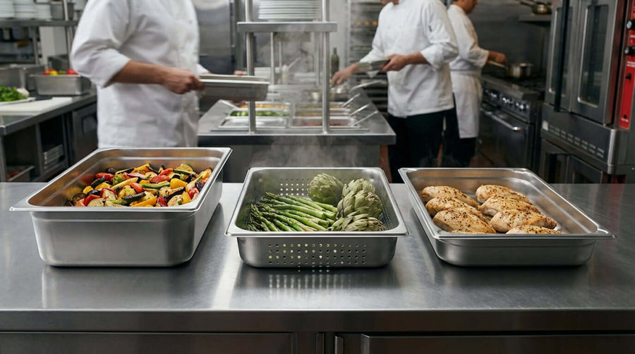 Anti-Jam, Perforated, & Solid: Decoding the Features of a Perfect Food Pan in a commercial kitchen with solid and perforated pans holding vegetables and chicken