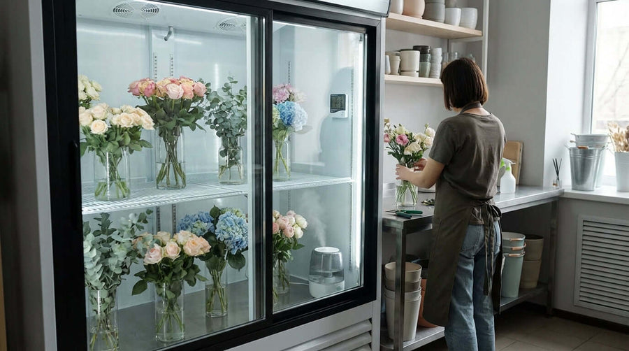Florist using temperature and humidity control for cut flower vase life with blooms stored in a glass-door flower cooler