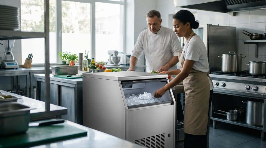 how to choose an undercounter ice maker in a commercial kitchen, staff using stainless steel undercounter ice machine for food service