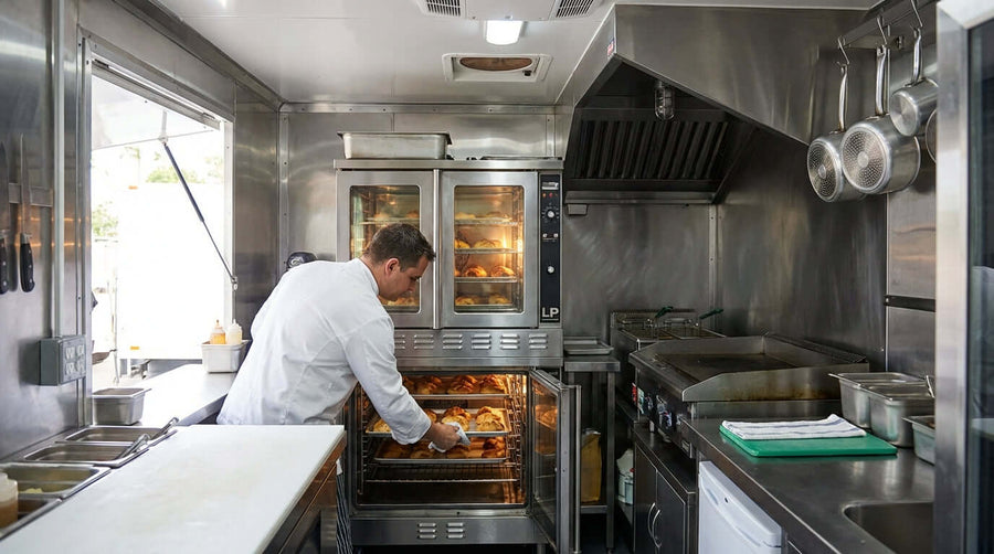 The Ultimate Guide: Selecting the Best LP Convection Oven for Your Food Truck - chef loading LP convection oven in food truck kitchen