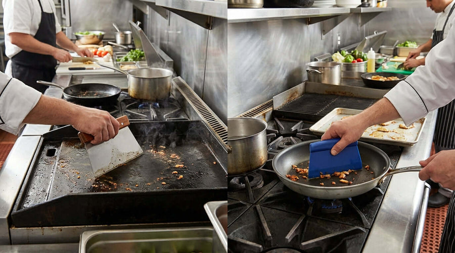metal vs plastic pan scraper for griddle comparison cleaning a flat-top griddle and frying pan in a busy commercial kitchen