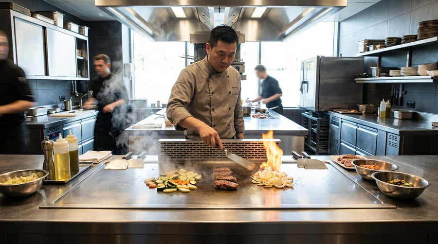 teppanyaki griddle buying guide featuring chef cooking steak and vegetables on commercial flat-top teppanyaki grill in restaurant kitchen