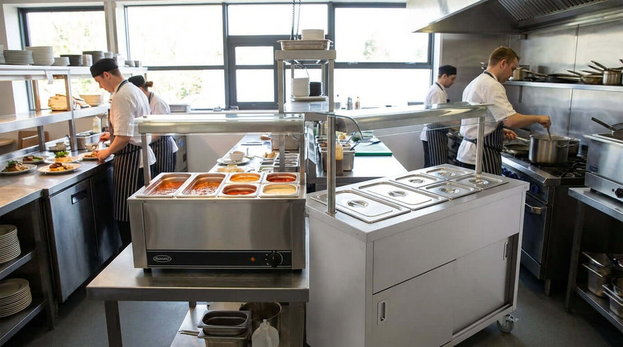 Choosing the Right Size: A Buyers Guide to Countertop vs. Floor Model Bain Maries in commercial kitchen with chefs using hot food holding units