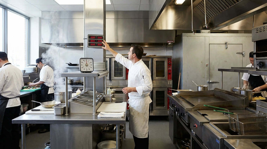 The Ultimate Guide: Choosing the Right Commercial Kitchen Timer in action in a busy commercial kitchen with chef setting a digital timer