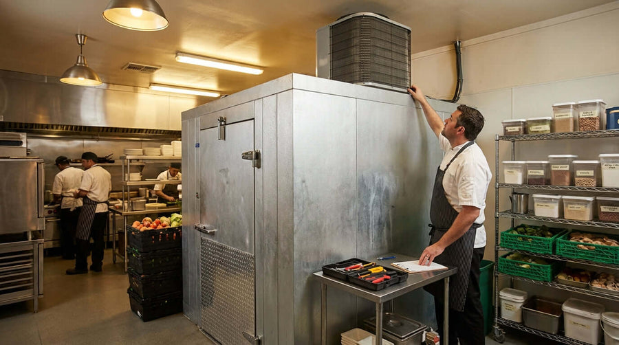 Top 7 Maintenance Tips to Keep Your Walk-In Cooler Running Efficiently - technician inspecting condenser unit on commercial walk-in cooler