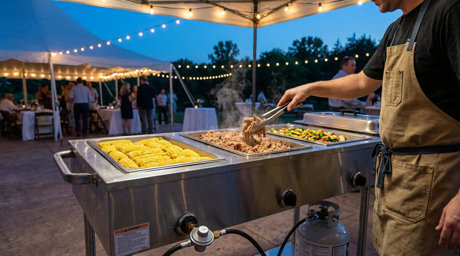 Alt Tag: The Ultimate Guide to Using a Liquid Propane Steam Table for Outdoor Catering - caterer serving hot food from propane steam table at outdoor event