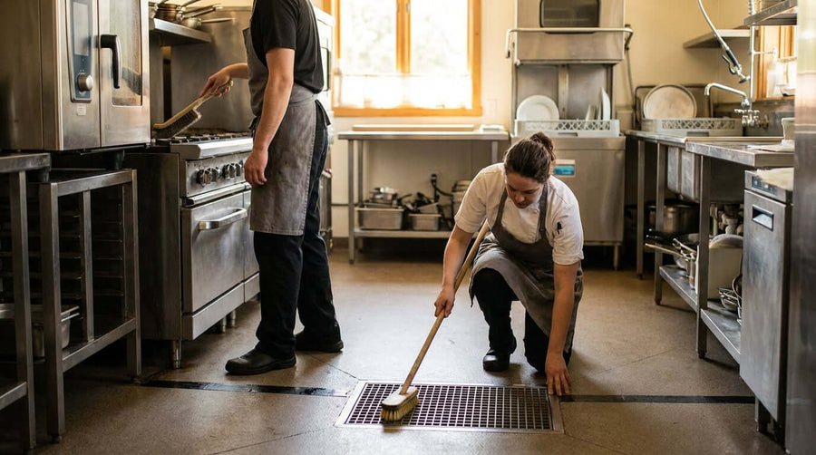 Alt Tag: food service deep cleaning checklist - kitchen staff scrubbing floor drain grate with brush in commercial restaurant kitchen