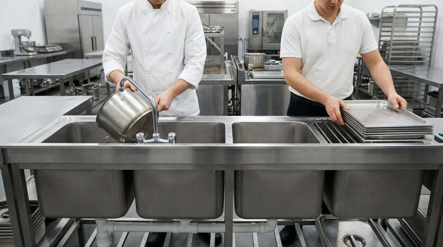 4 compartment sink for commercial kitchen efficiency with staff washing pots and stacking trays in a stainless steel dishwashing station