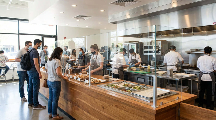 More Than a Shield: How Safety Barriers Boost Customer Confidence - café customers ordering behind clear safety barrier at food counter