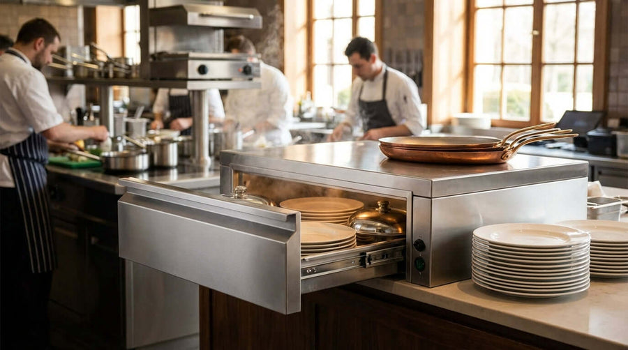 commercial warming drawer buying guide image of a professional kitchen warming drawer with open stainless drawer holding plates