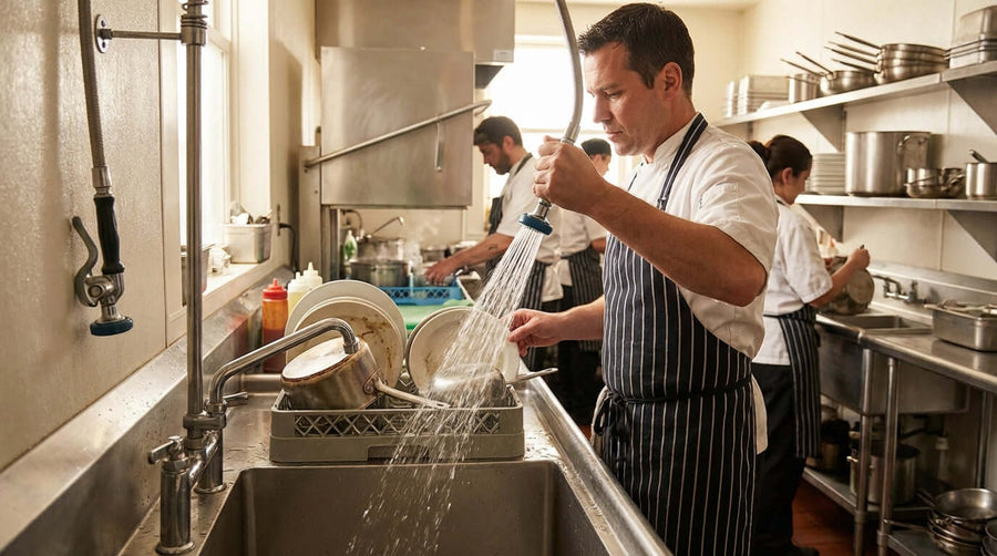 How Upgrading Your Pre-Rinse Spray Valve Can Save Your Restaurant Thousands on Water Bills - chef using pre-rinse spray valve at commercial sink