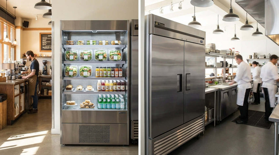 Glass Door vs. Solid Door Refrigerators: Which is Best for Your Business? side-by-side commercial fridge comparison in restaurant kitchen