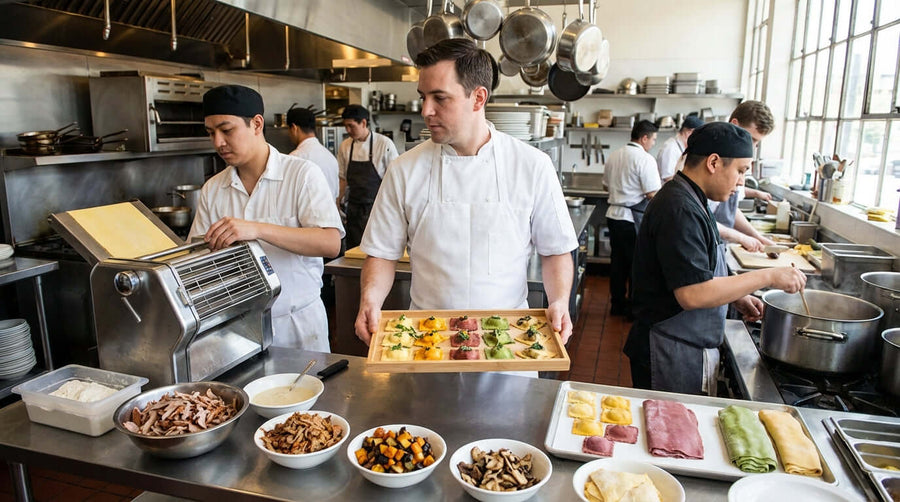 Alt Tag: Beyond Ricotta: 10 Innovative Ravioli Fillings for Your Menu chefs preparing assorted ravioli fillings in a busy restaurant kitchen