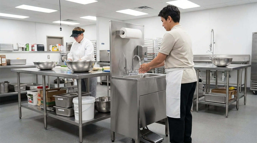 portable hand sink for food trucks and catering used by staff washing hands in a commercial kitchen for hygiene and compliance