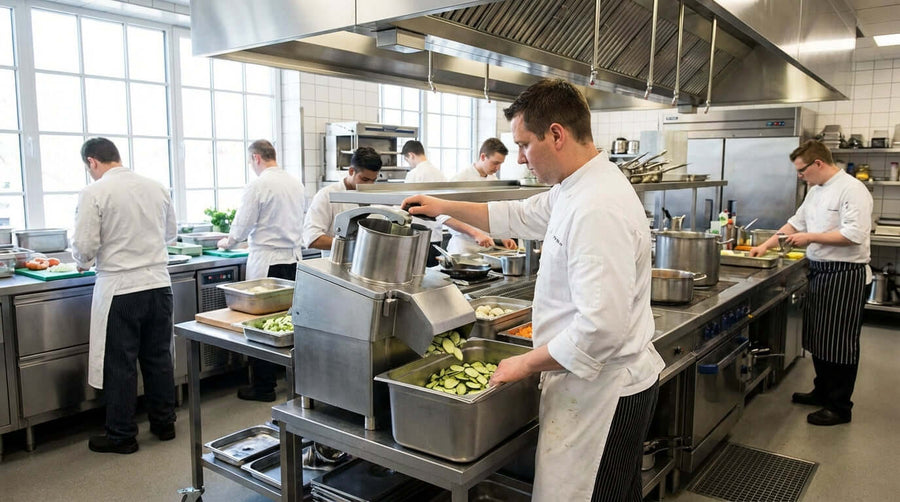 How the Right Food Processor Accessory Can Cut Labor Costs in Your Kitchen: chef using food processor in busy commercial kitchen prep line