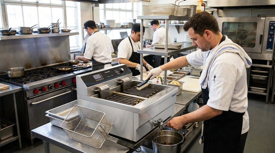 5 Essential Maintenance Tips to Extend the Life of Your Electric Fryer in a busy commercial kitchen with chefs cleaning and operating a fryer