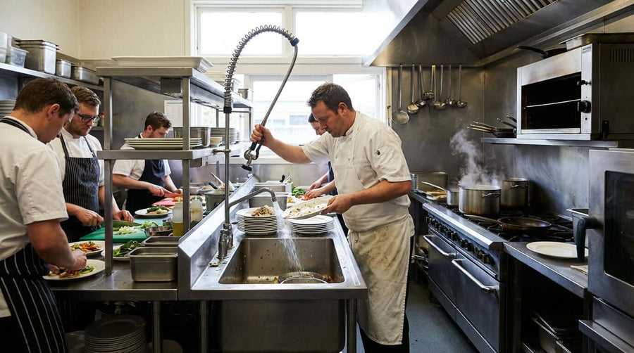Busy restaurant dish pit using commercial kitchen pre rinse unit to spray plates during dinner rush