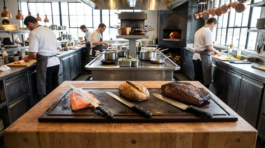 From Salmon to Serrano: Matching the Right Slicing Knife to the Task – chef slicing smoked brisket and salmon on board in professional kitchen