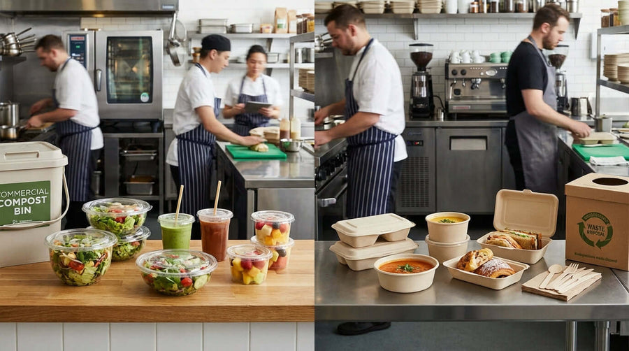 PLA vs bagasse food containers comparison in a busy commercial kitchen with compostable packaging, salad bowls, and takeaway boxes