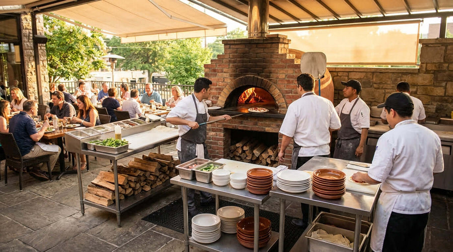 The ROI of an Outdoor Pizza Oven: How to Calculate Your Profit Potential outdoor restaurant kitchen with brick wood-fired pizza oven and chefs