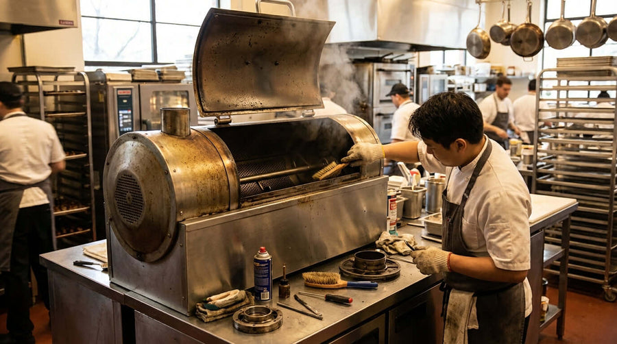 chestnut roaster maintenance in a commercial kitchen as a worker cleans and services an industrial chestnut roasting machine