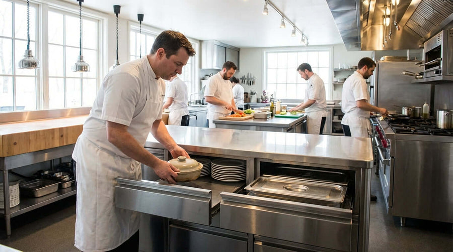 Au-delà de la chaleur : 5 façons de chauffer les tiroirs d’améliorer l’efficacité de la cuisine et de réduire le gaspillage - chefs utilisant un tiroir chauffant dans une ligne de préparation de cuisine commerciale très occupée