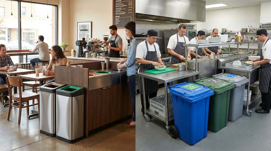 The Right Bin for the Job: Choosing Waste Containers for Front-of-House vs. Back-of-House with dining area bins and kitchen prep recycling carts