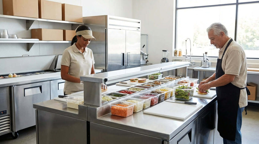 Alt Tag: Commercial kitchen staff using a sandwich and salad prep table buying guide setup with ingredient bins for fast food prep