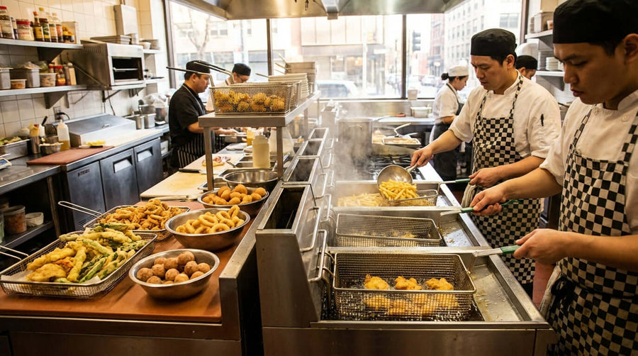 From Fries to Fritters: 10 Menu Ideas to Boost Your Fryers ROI—busy commercial kitchen chefs frying fries, onion rings, and appetizers in electric floor fryers