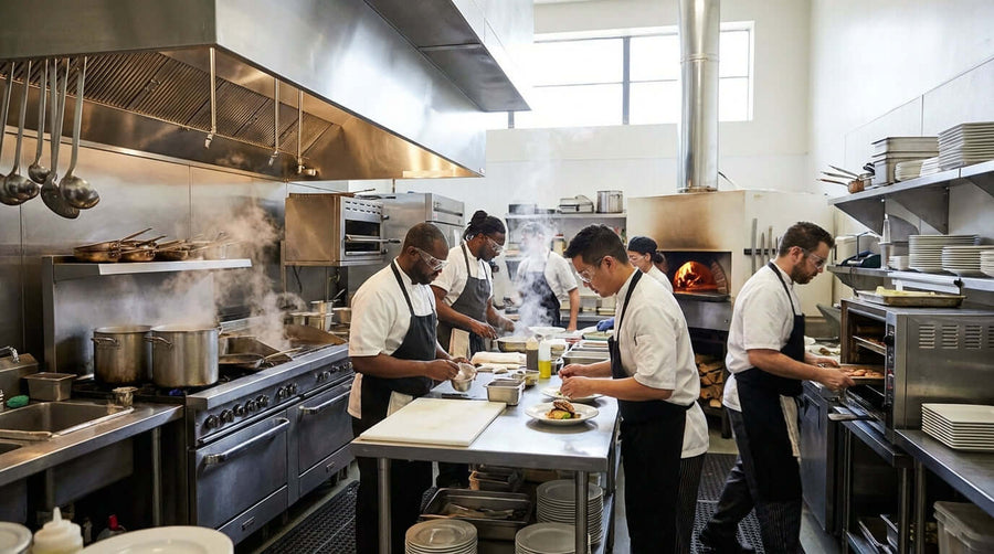 Fog-Free Vision: Why Anti-Fog Safety Glasses are a Must-Have in Food Service in a busy commercial kitchen with chefs cooking amid steam