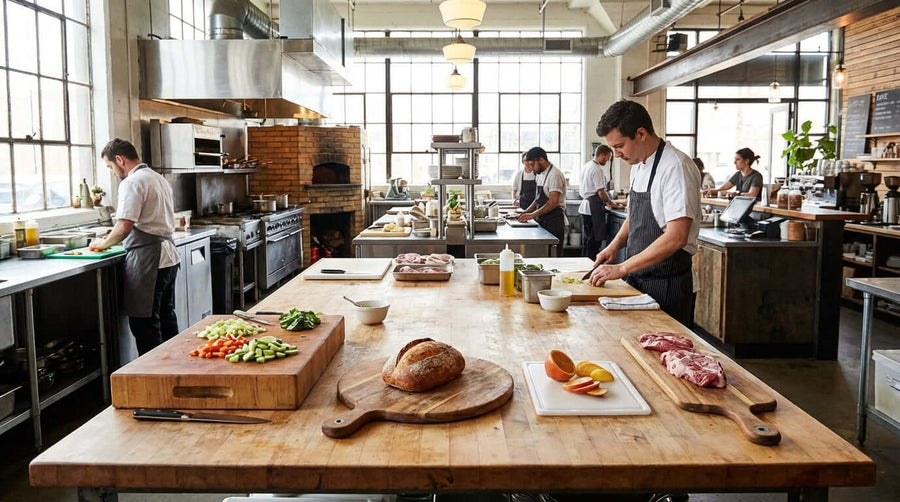 Alt Tag: Professional chefs using large wooden cutting boards in restaurant kitchen, choosing the right cutting board size and shape