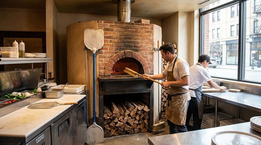 5 Essential Maintenance Tips to Extend the Life of Your Pizza Oven: chef cleaning a brick wood-fired pizza oven in a commercial kitchen