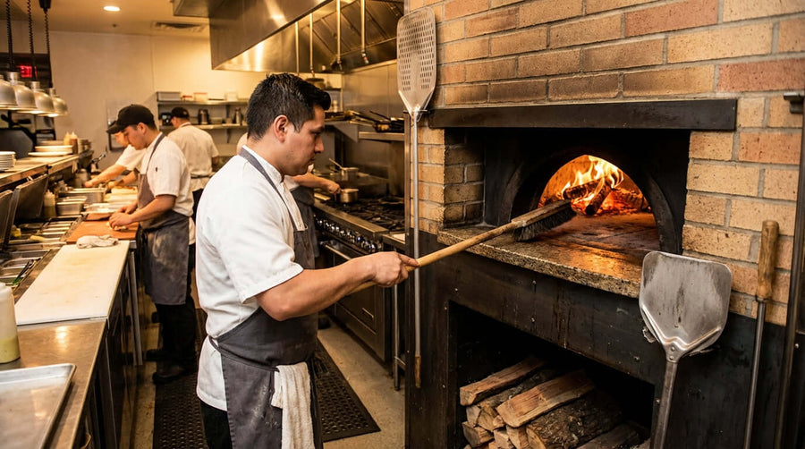 Alt Tag: Keep the Fire Burning: Essential Maintenance Tips for Your Commercial Pizza Oven chef tending wood-fired brick commercial pizza oven in busy kitchen
