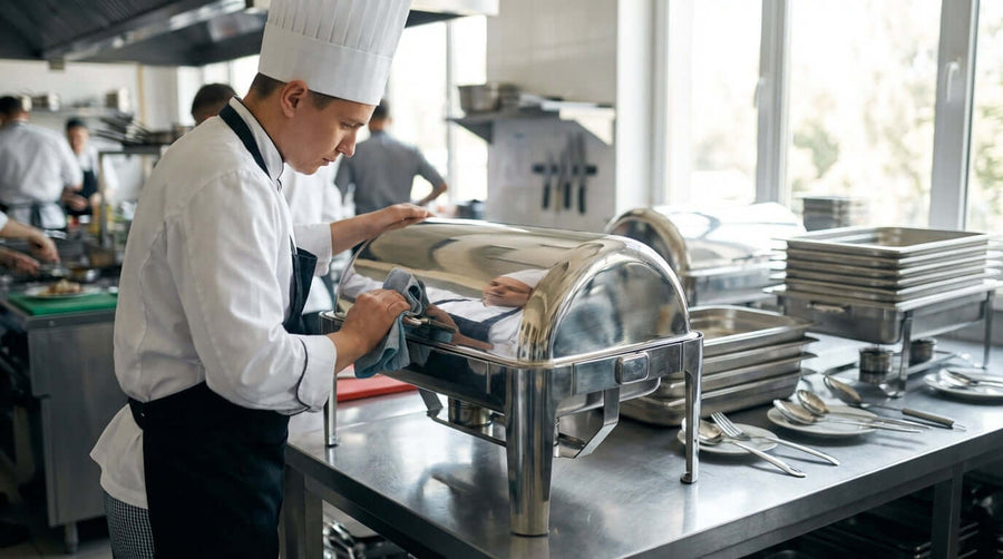 Alt Tag: Chef polishing buffet chafer in commercial kitchen, stainless steel chafing dish maintenance for long-lasting shine