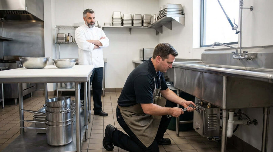 Alt Tag: sanitizing sink heater installation and maintenance guide with technician servicing booster heater under commercial kitchen sink