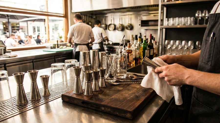 Keep Your Barware Gleaming: The Ultimate Guide to Cleaning and Maintaining Your Jiggers - bartender polishing jiggers and glassware at bar