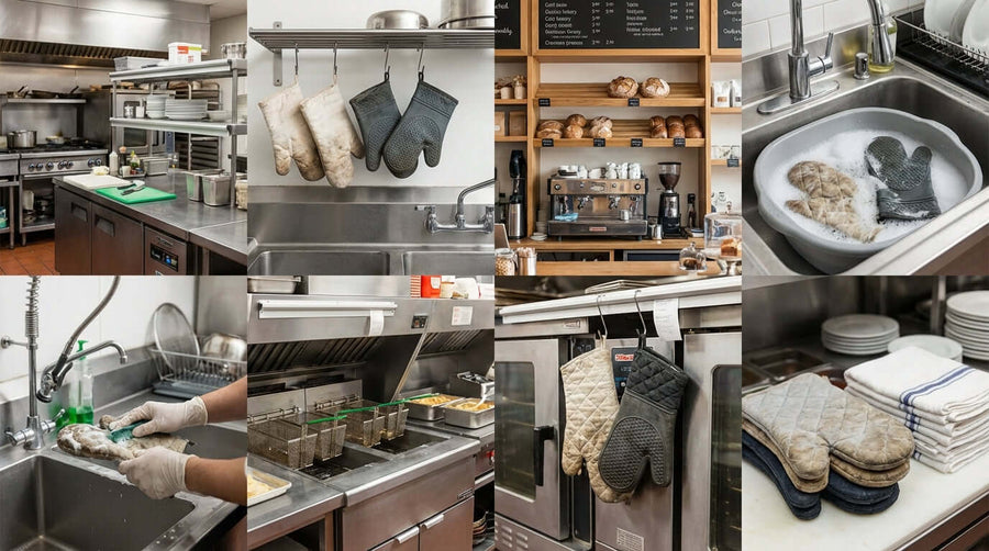 Alt Tag: how to clean kitchen oven mitts in a commercial kitchen, washing and drying heat-resistant mitts at sink and oven