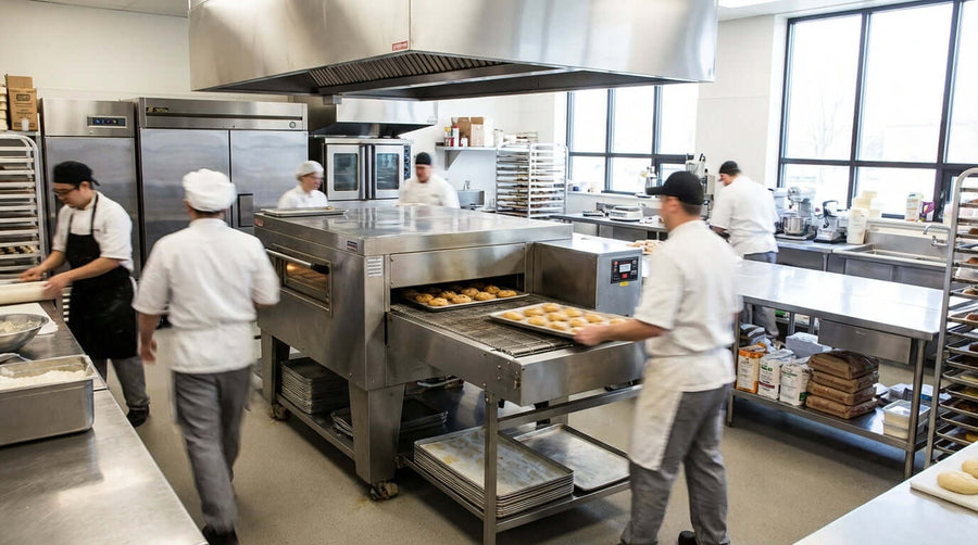 The Ultimate Buyers Guide: Choosing the Perfect Conveyor Oven Size in a commercial kitchen with chefs using a conveyor oven