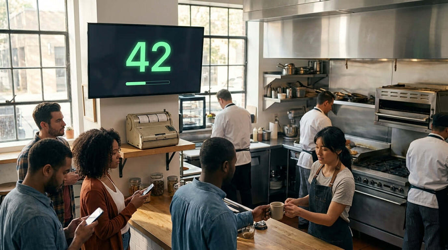Alt Tag: Take-a-Number 2.0: From Paper Tickets to Modern Digital Queueing with digital screen showing 42 at busy cafe counter