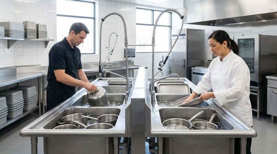 3 compartment vs 4 compartment commercial sink comparison in restaurant kitchen, staff washing pots and pans at multi-basin sinks