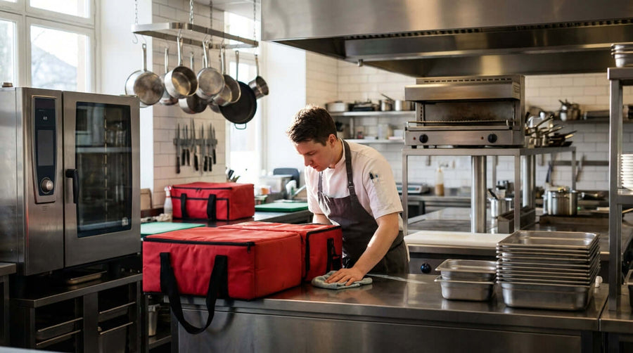 5 Essential Maintenance Tips to Extend the Life of Your Food Delivery Bags - chef cleaning insulated delivery bags on stainless counter in commercial kitchen