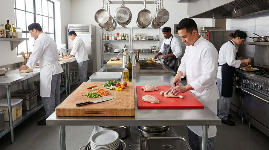 Alt Tag: Wood vs. Plastic Cutting Boards: Which is Right for Your Commercial Kitchen? chefs prep food on wood and plastic boards