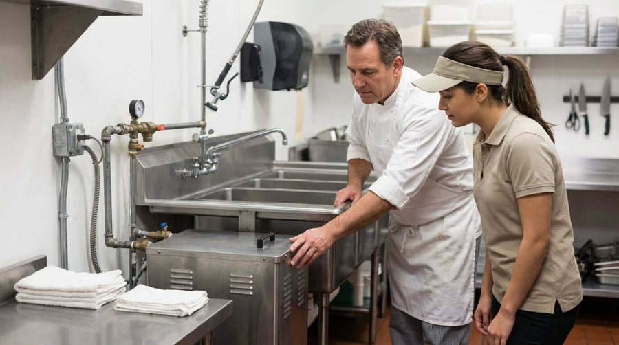 Alt Tag: how to choose a commercial sink heater demonstration with chef and staff inspecting a stainless steel commercial kitchen sink