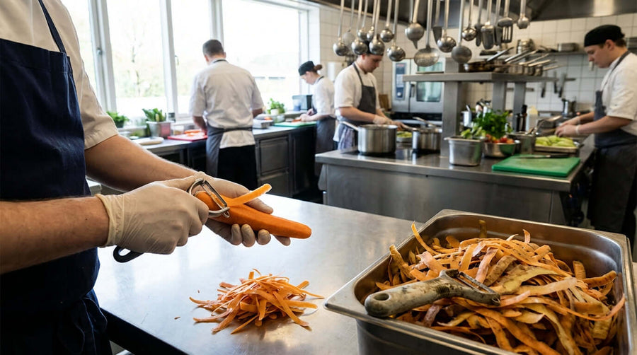 Alt Tag: Chef using peeler in busy commercial kitchen, minimizing scraps and tracking peeler ROI reducing food waste