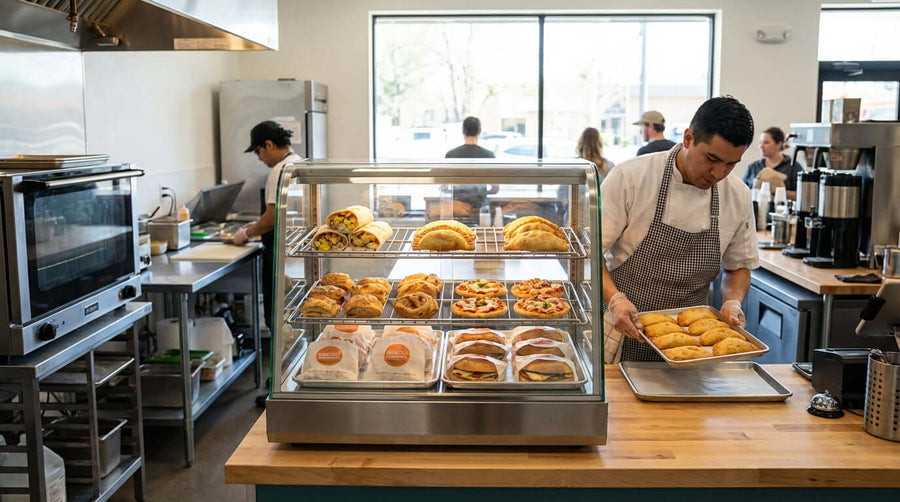 profitable hot food ideas for countertop heated merchandisers showcased in a cafe display case with pastries and staff plating food