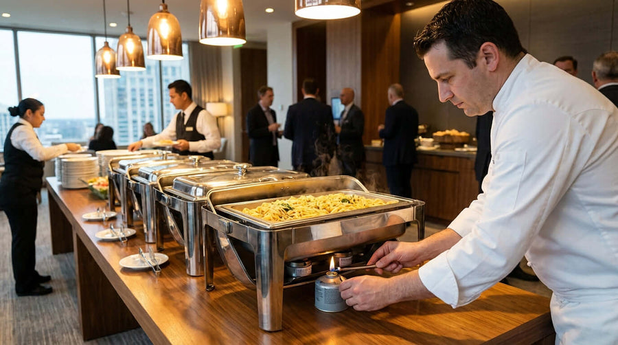 Chef lighting chafing dish at buffet setup - How to Use a Chafing Dish Safely and Effectively for Your Next Event