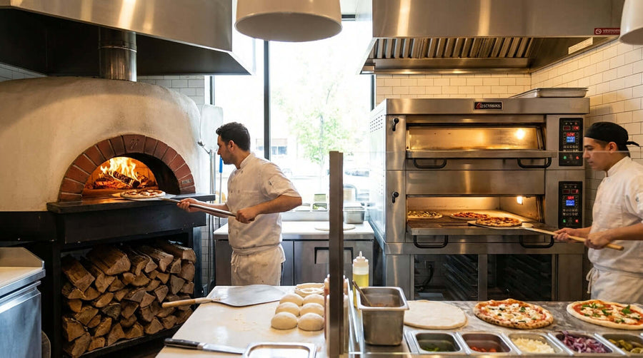 Alt Tag: gas vs electric pizza oven for pizzeria comparison in busy kitchen with chefs baking pizzas in wood-fired and electric deck ovens