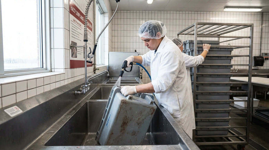The Ultimate Guide to Cleaning and Sanitizing Your Meat Lugs for HACCP Compliance: worker pressure-washing meat lug in food processing wash station